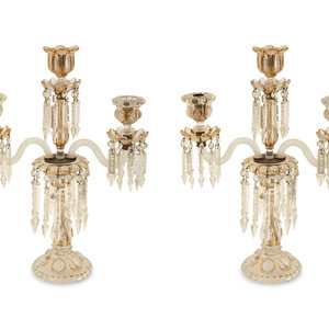 Appraisal: A Pair Gilt and Enamel Decorated Molded Glass Three-Light Candelabra