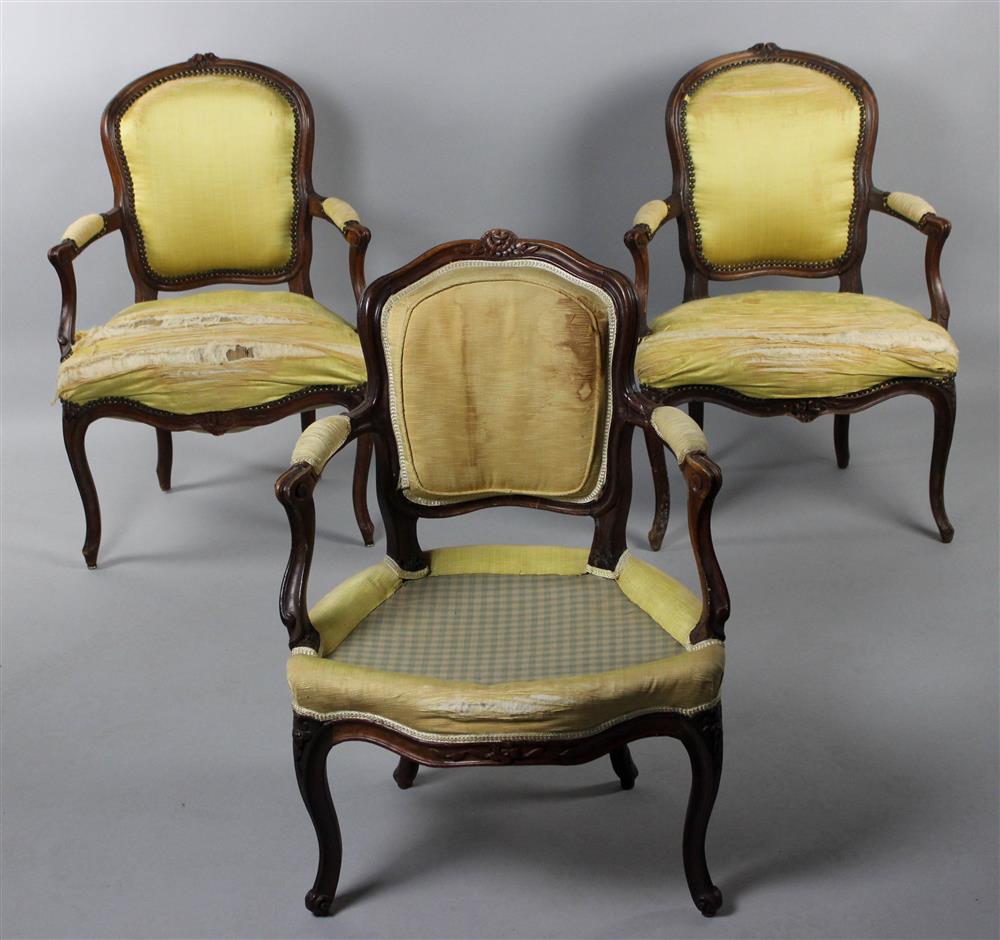 Appraisal: PAIR OF LOUIS XV CARVED BEECHWOOD AND WALNUT FAUTEUILS EN