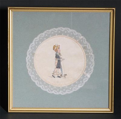 Appraisal: Eight painted silk doyley in the style of Kate Greenaway