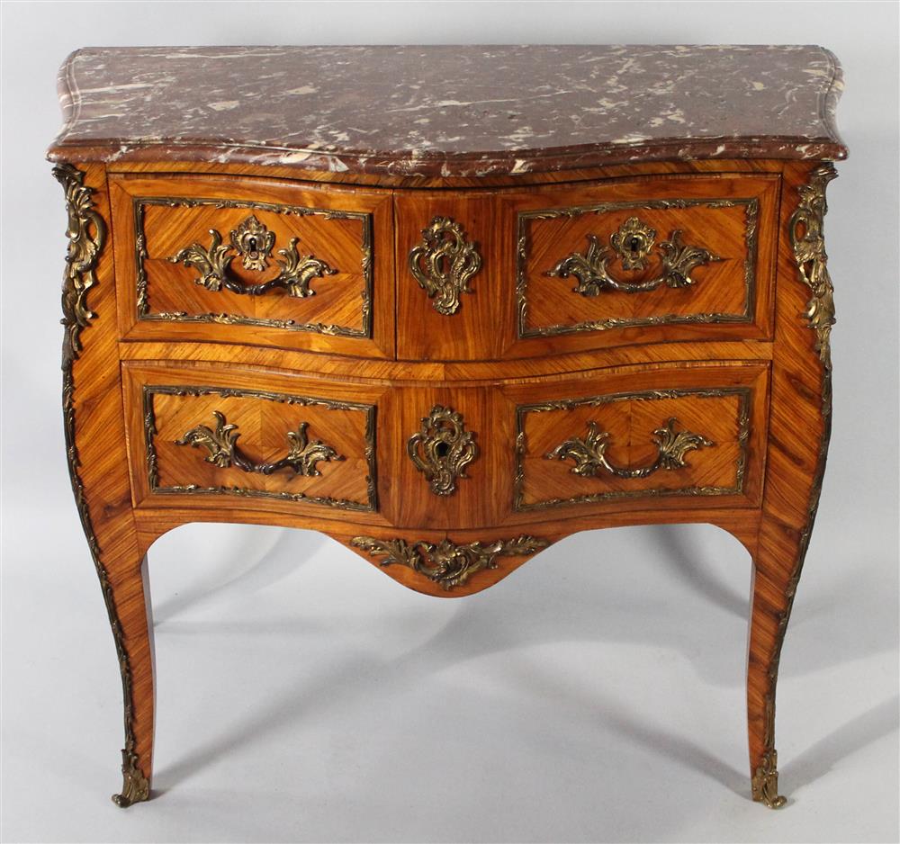 Appraisal: LOUIS XV STYLE ROUGE MARBLE-TOP KINGWOOD INLAID AND ORMOLU MOUNTED