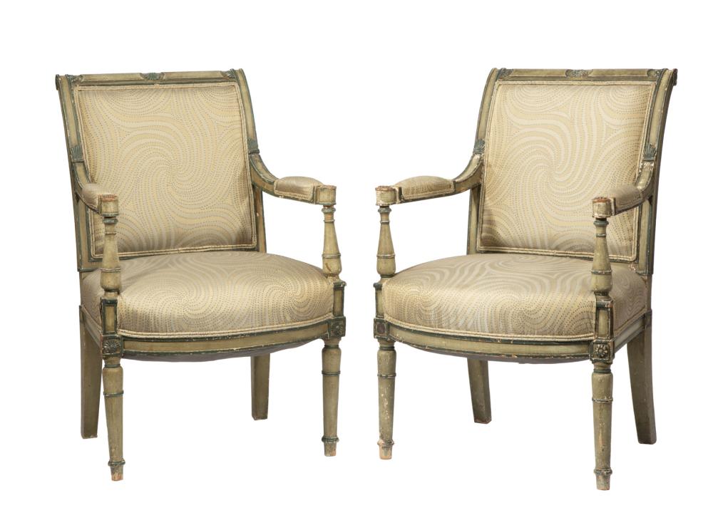 Appraisal: Pair of Louis XVI-Style Carved and Painted Fauteuils th c