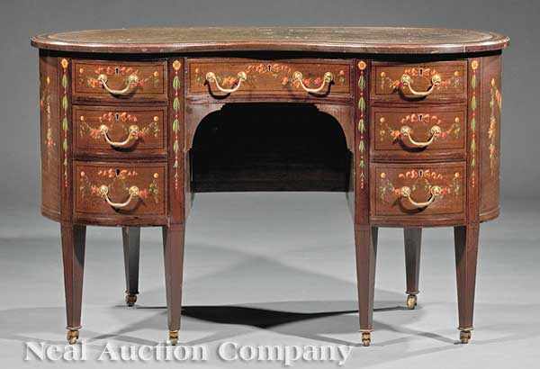 Appraisal: A Fine Edwardian Paint-Decorated Mahogany Kidney-Shaped Desk c inset leather