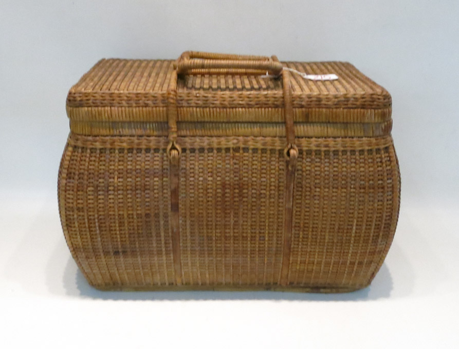 Appraisal: SHAKER WOVEN LIDDED BASKET with bowed sides and hinged lid