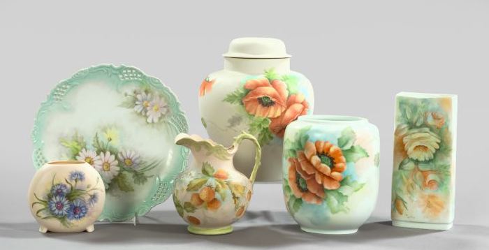 Appraisal: Unusual Six-Piece Collection of Hand-Painted Porcelain including a matte white