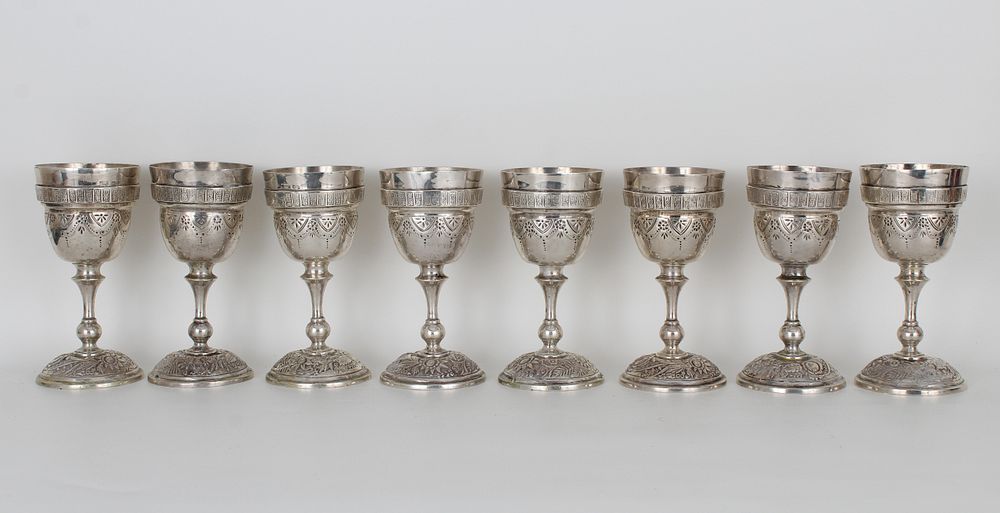 Appraisal: Maciel Mexican Hand Hammered Silver Goblets Maciel Mexican Hand Hammered