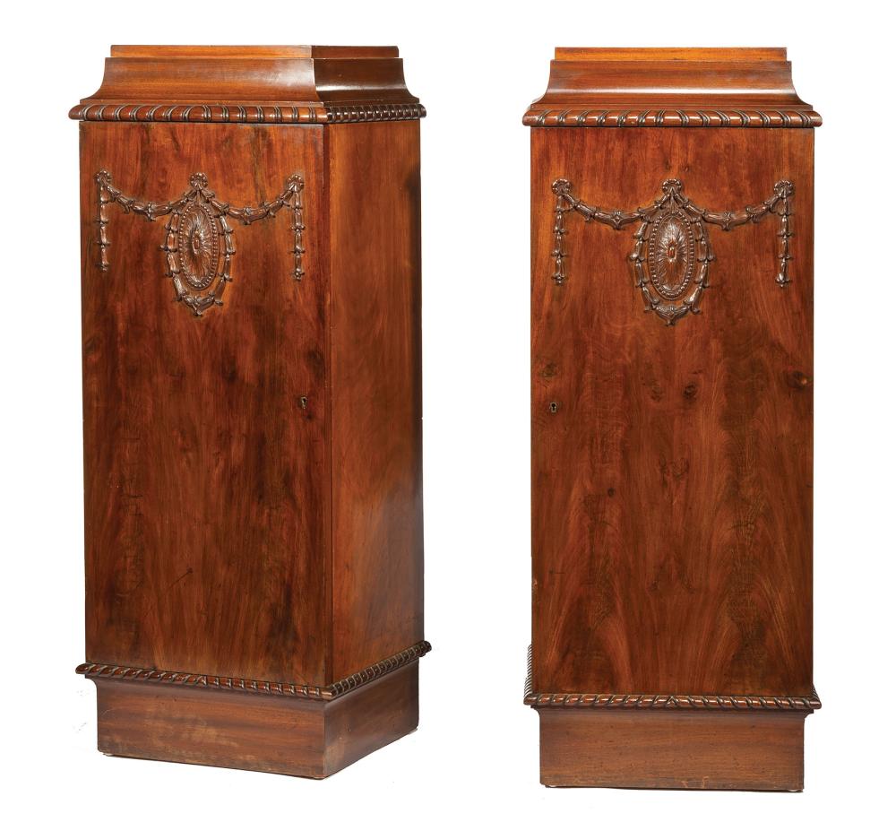 Appraisal: Pair of Antique Adam-Style Carved Mahogany Pedestal Cabinets cove molded