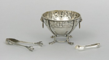 Appraisal: A Danish Silver Bowl on Stand and Two Silver Tongs