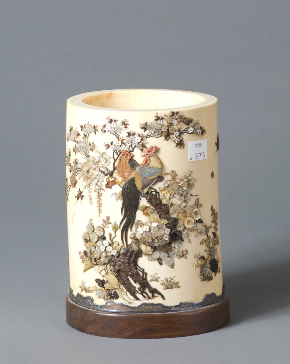 Appraisal: JAPANESE IVORY CARVED HARDSTONE AND MOTHER-OF-PEARL-MOUNTED TUSK BOX Applied on