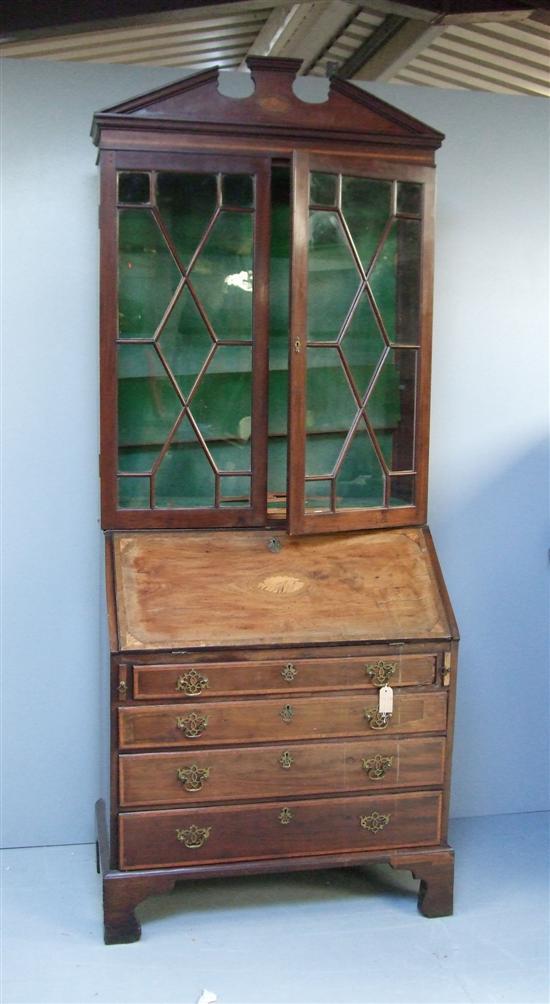 Appraisal: George III mahogany cross-banded and inlaid bureau with later glazed