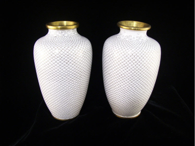 Appraisal: Pair White Cloisonne Vases White cloisonne vases with a fish