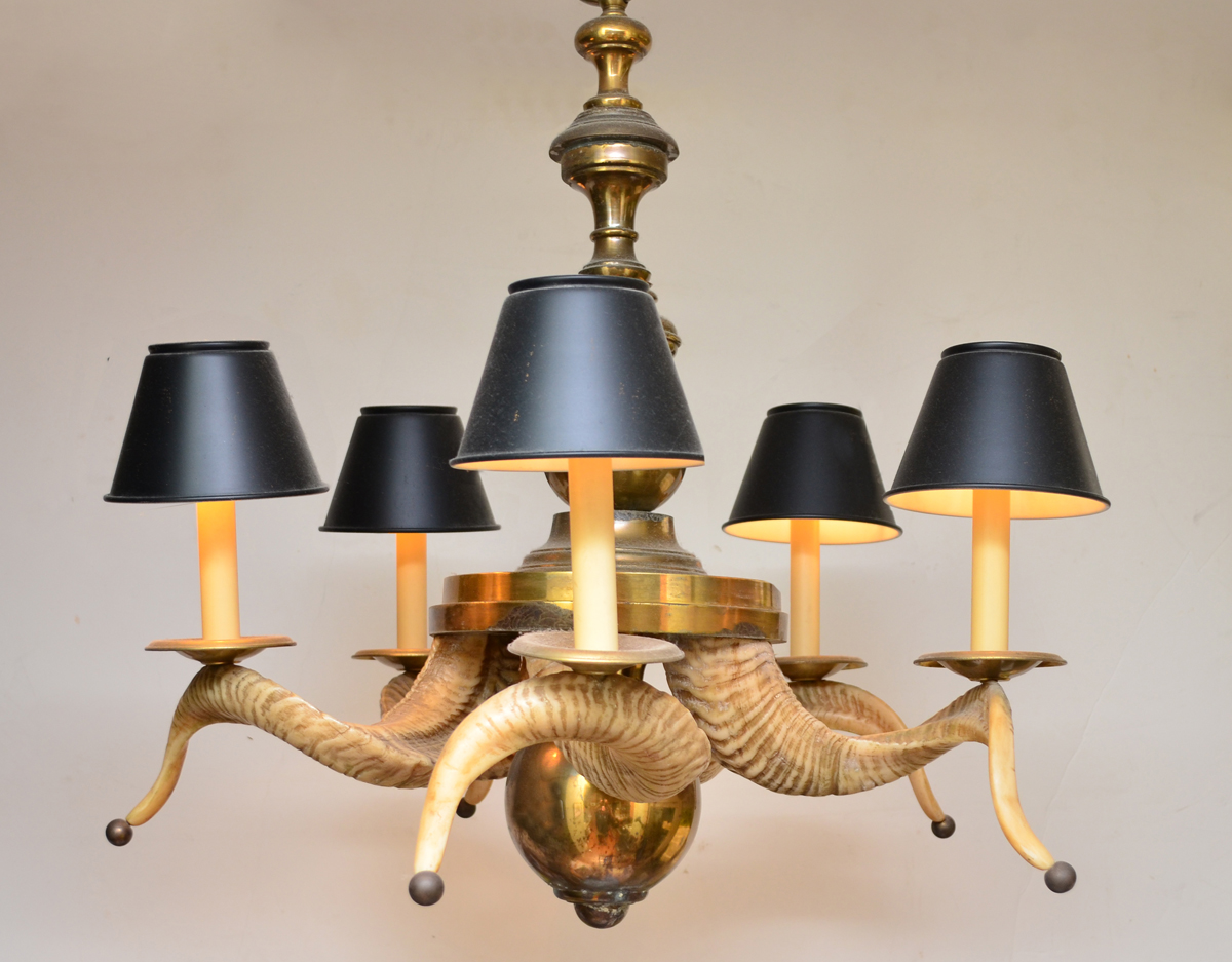 Appraisal: CHAPMAN FAUX RAM'S HORN STYLE CHANDELIER Decorative light chandelier brass