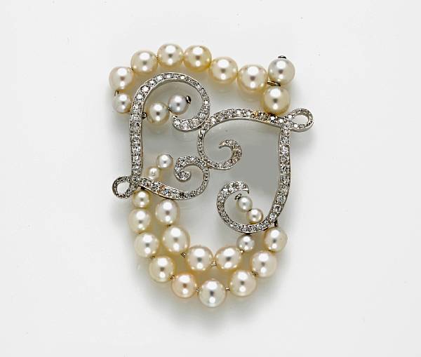 Appraisal: A diamond and cultured pearl brooch depicting the initials LT