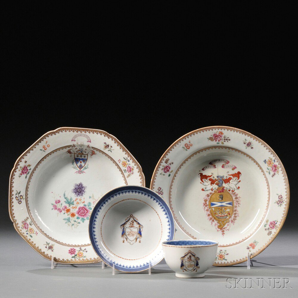 Appraisal: Four Chinese Export Porcelain Armorial Dishes th century a soup