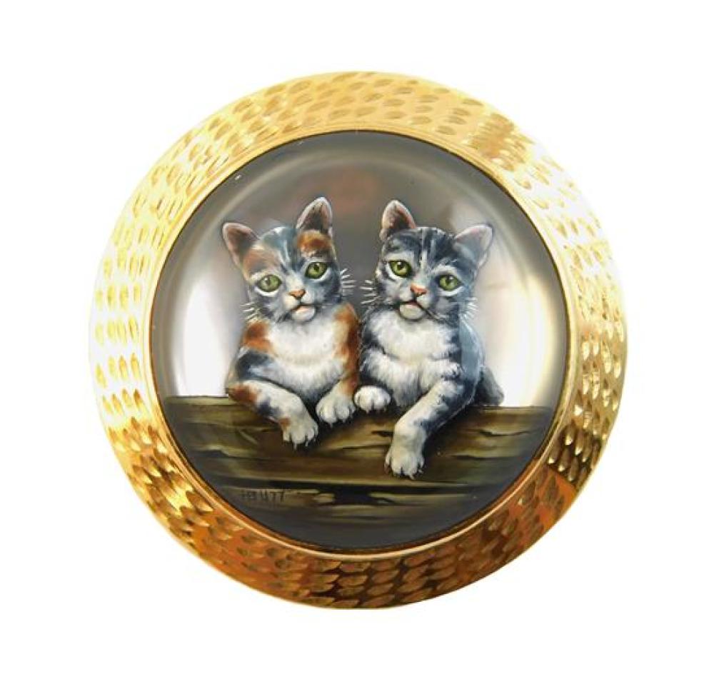 Appraisal: JEWELRY K Reverse Crystal Cat Pin Pendant round frame stamped