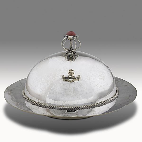 Appraisal: CHARLES ASHBEEGUILD OF HANDICRAFTHammered silver-plated covered muffin dish with rhodochrosite