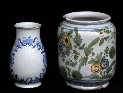 Appraisal: SCANDANAVIAN DELFT PEAR-FORM JAR AND A POLYCHROME JAR The one