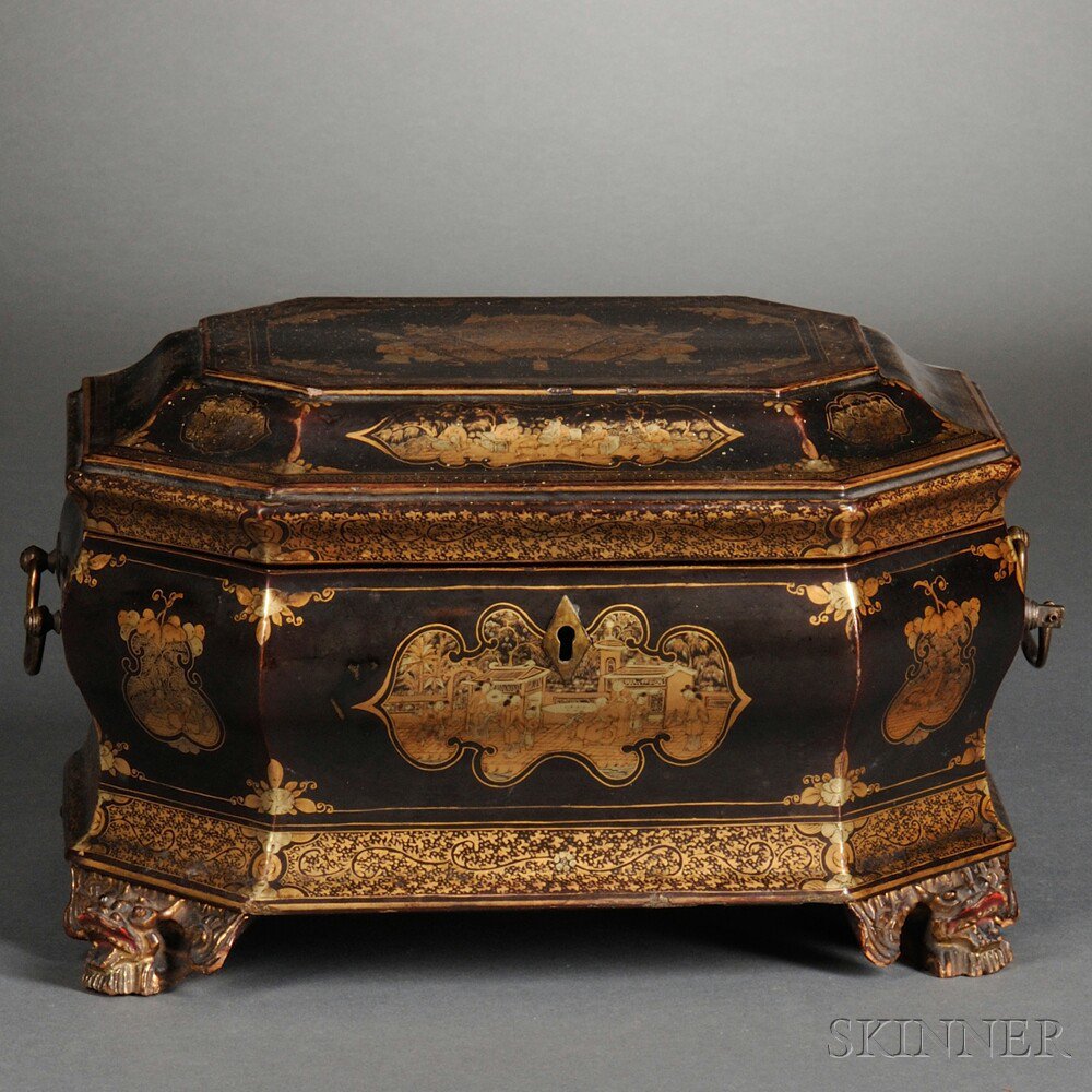 Appraisal: Chinese Export Gilt Lacquer Tea Caddy early th century chamfered