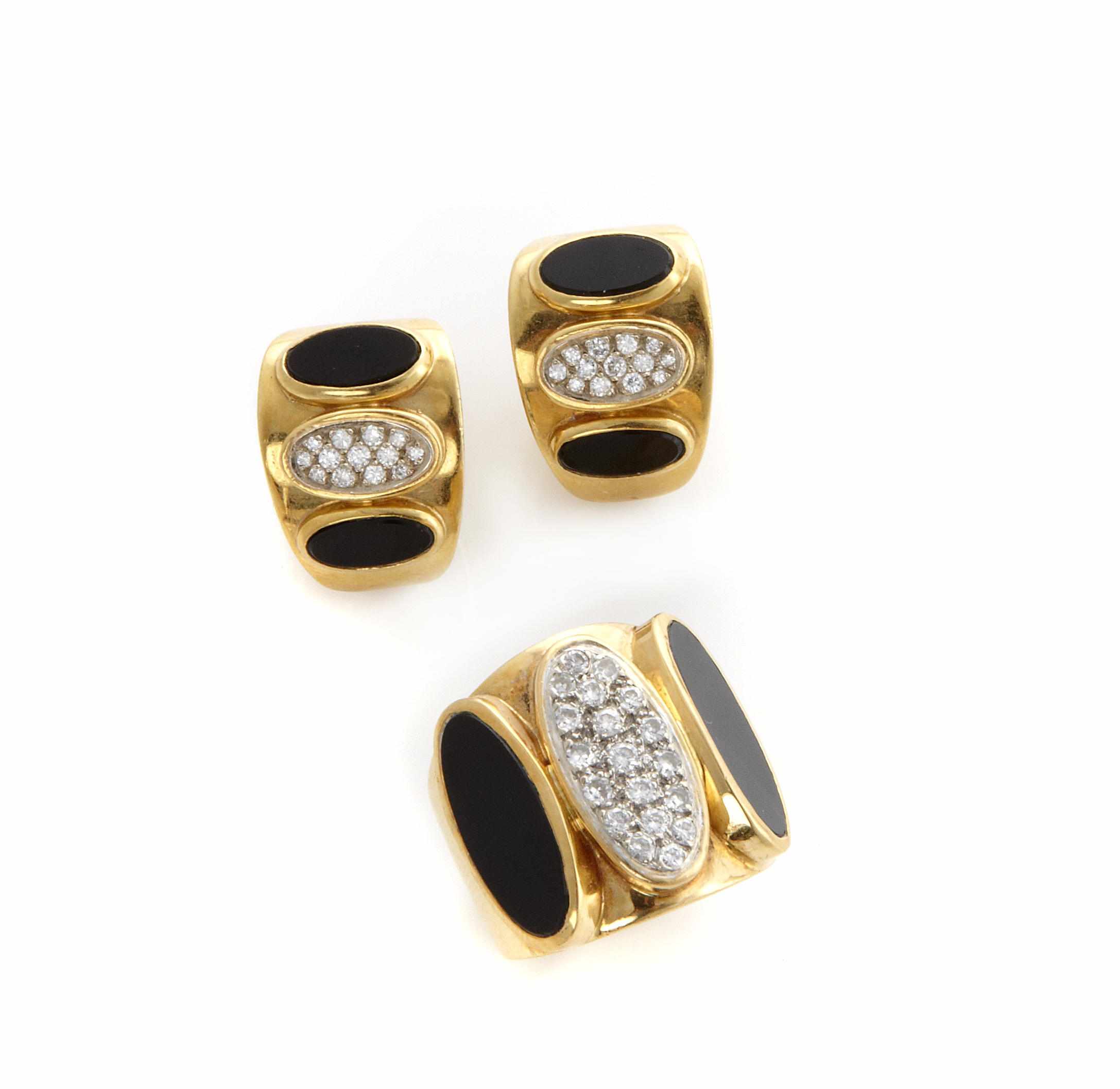 Appraisal: A collection of diamond black onyx and k gold earclips