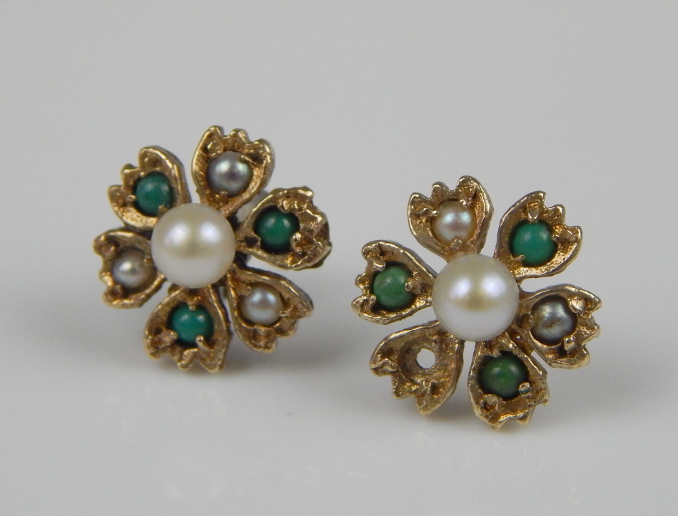 Appraisal: A pair of earrings set with seed pearls and green