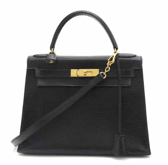 Appraisal: An Hermes Black Lizardskin Kelly Bag with goldtone hardware lizardskin