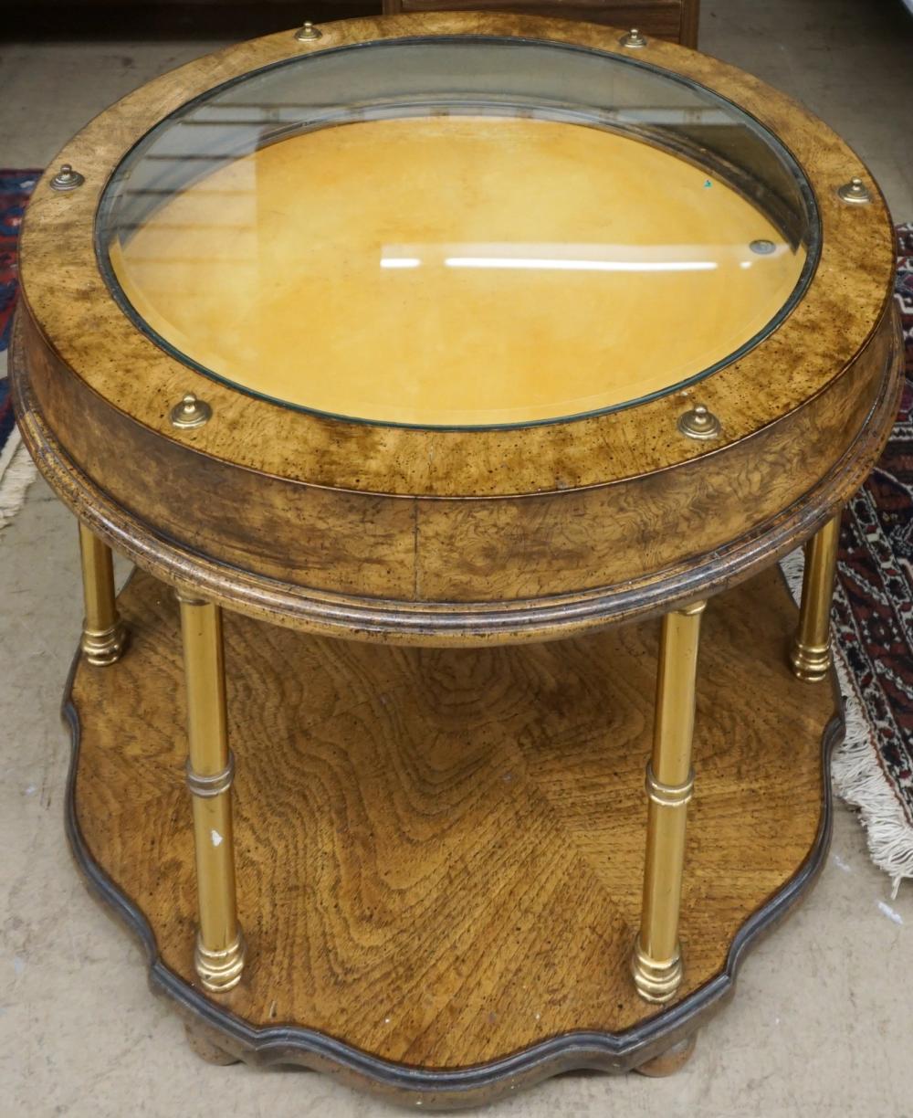 Appraisal: REGENCY STYLE BRASS AND FRUITWOOD ROUND TABLE VITRINE X IN