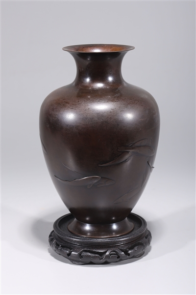 Appraisal: Antique Japanese bronze vase with fish two character signature to