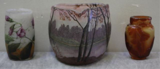 Appraisal: French Art Glass Vase Lot Includes a beautiful Legras landscape