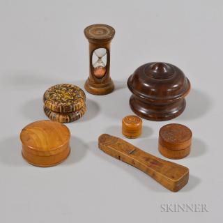 Appraisal: Four Treen Boxes a Set of Apothecary Measures a Clip