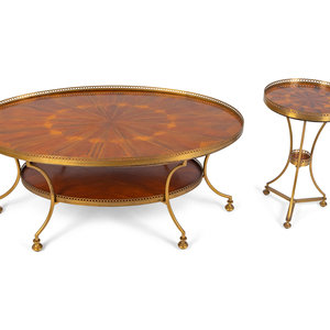 Appraisal: Two Empire Style Parquetry Inlaid Tables on Gilt Metal Bases