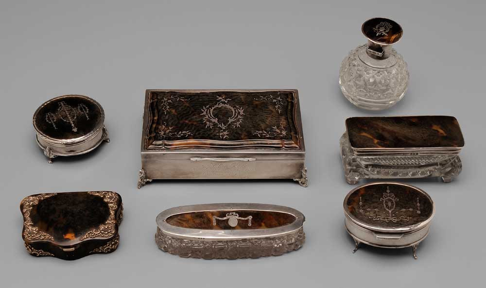 Appraisal: English Silver Tortoise Dresser Pieces silver inlaid tortoise box jewelry