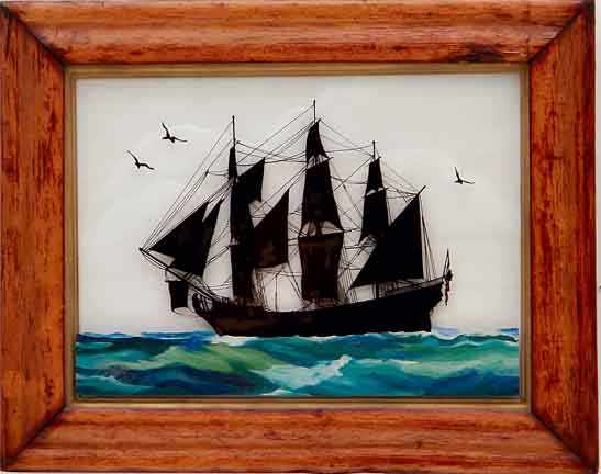 Appraisal: Pair reverse-glass painted ship silhouettes th century black silhouettes of