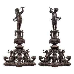 Appraisal: A Pair of Baroque Style Bronze Figural Andirons th Century