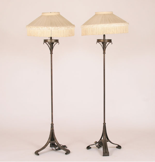 Appraisal: Pair of patinated metal floriform design floor lamps three light