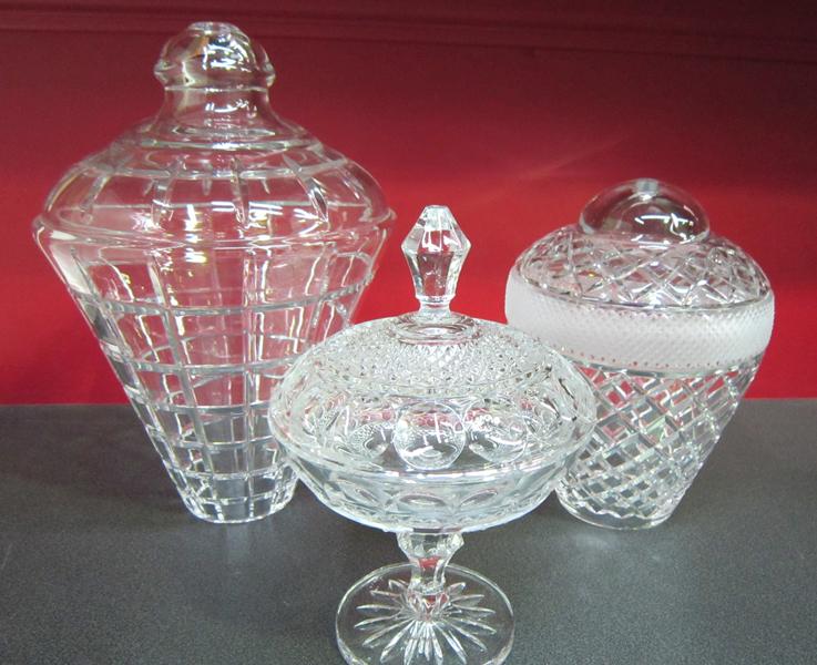 Appraisal: THREE GLASS LIDDED BOWLS THREE GLASS LIDDED BOWLS No Entry