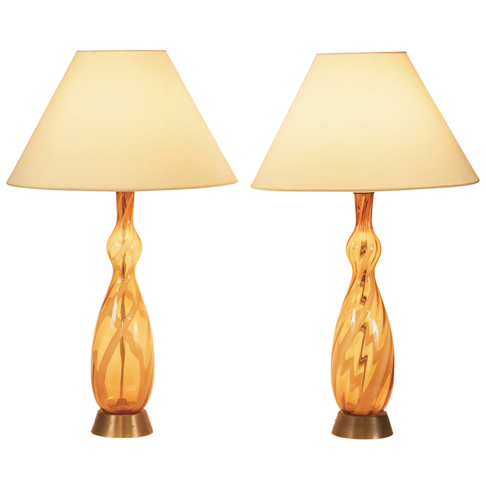 Appraisal: Murano glass table lamps pair Italy translucent amber glass bases