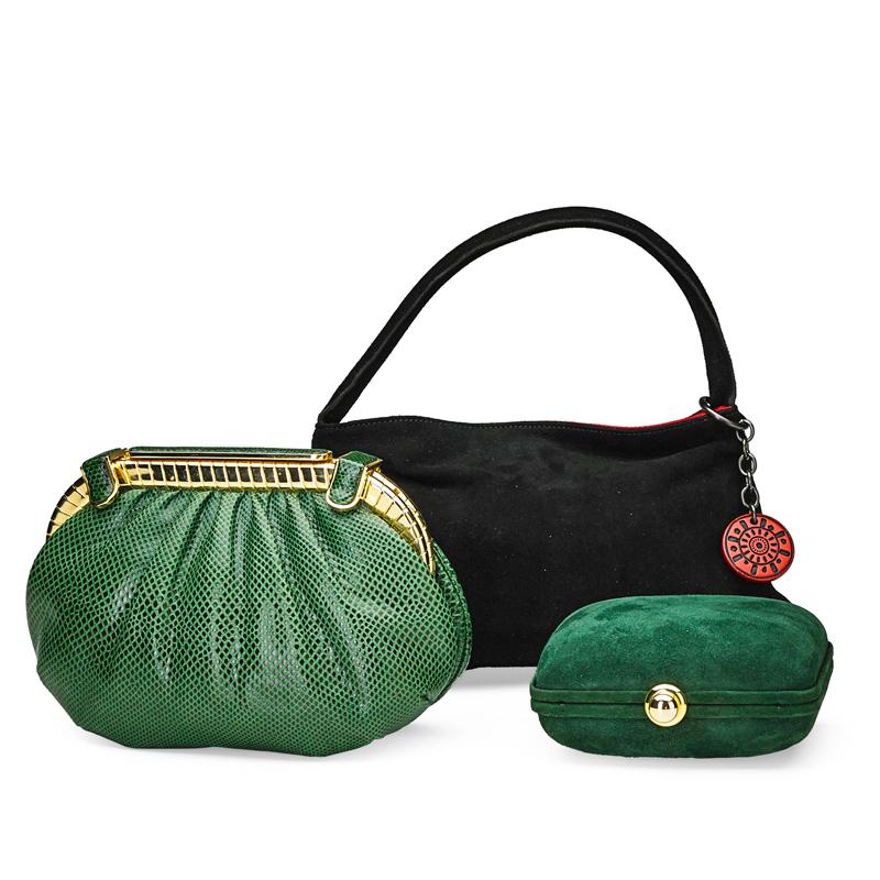 Appraisal: THREE DESIGNER HANDBAGS Judith Leiber forest green skin minaudi re