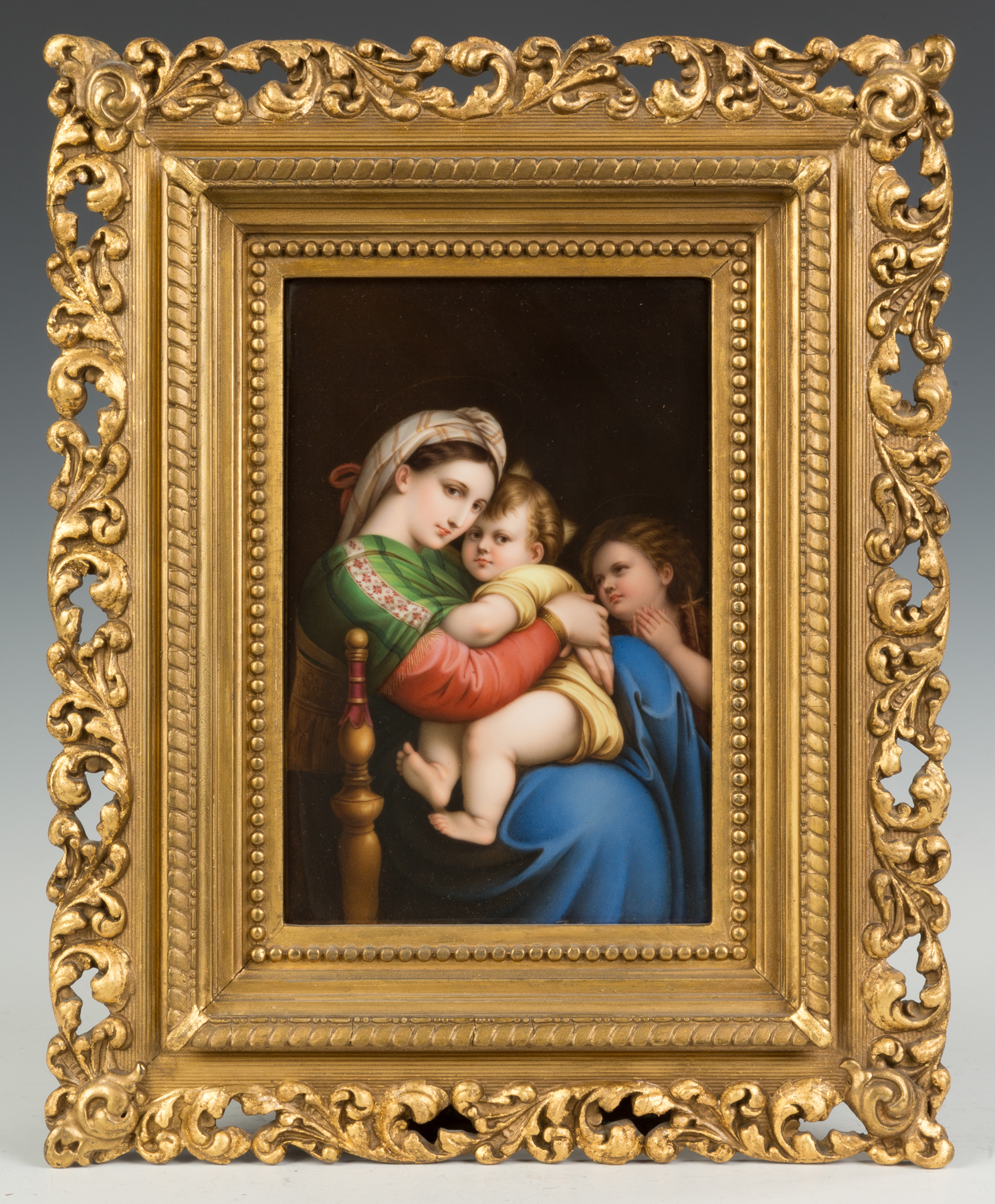 Appraisal: German Hand Painted Porcelain Plaque of Madonna Child After Raphael's