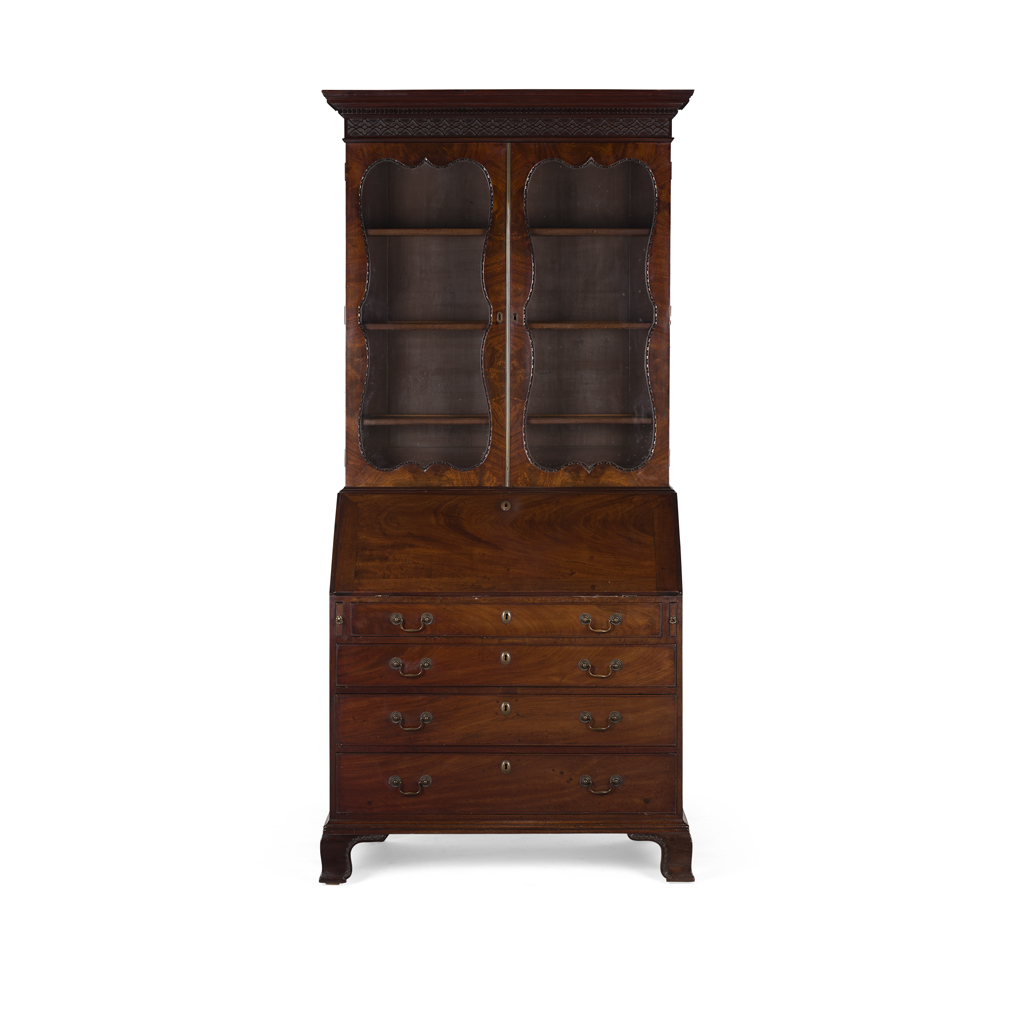 Appraisal: GEORGIAN MAHOGANY BUREAU BOOKCASE TH TH CENTURY the dentil moulded