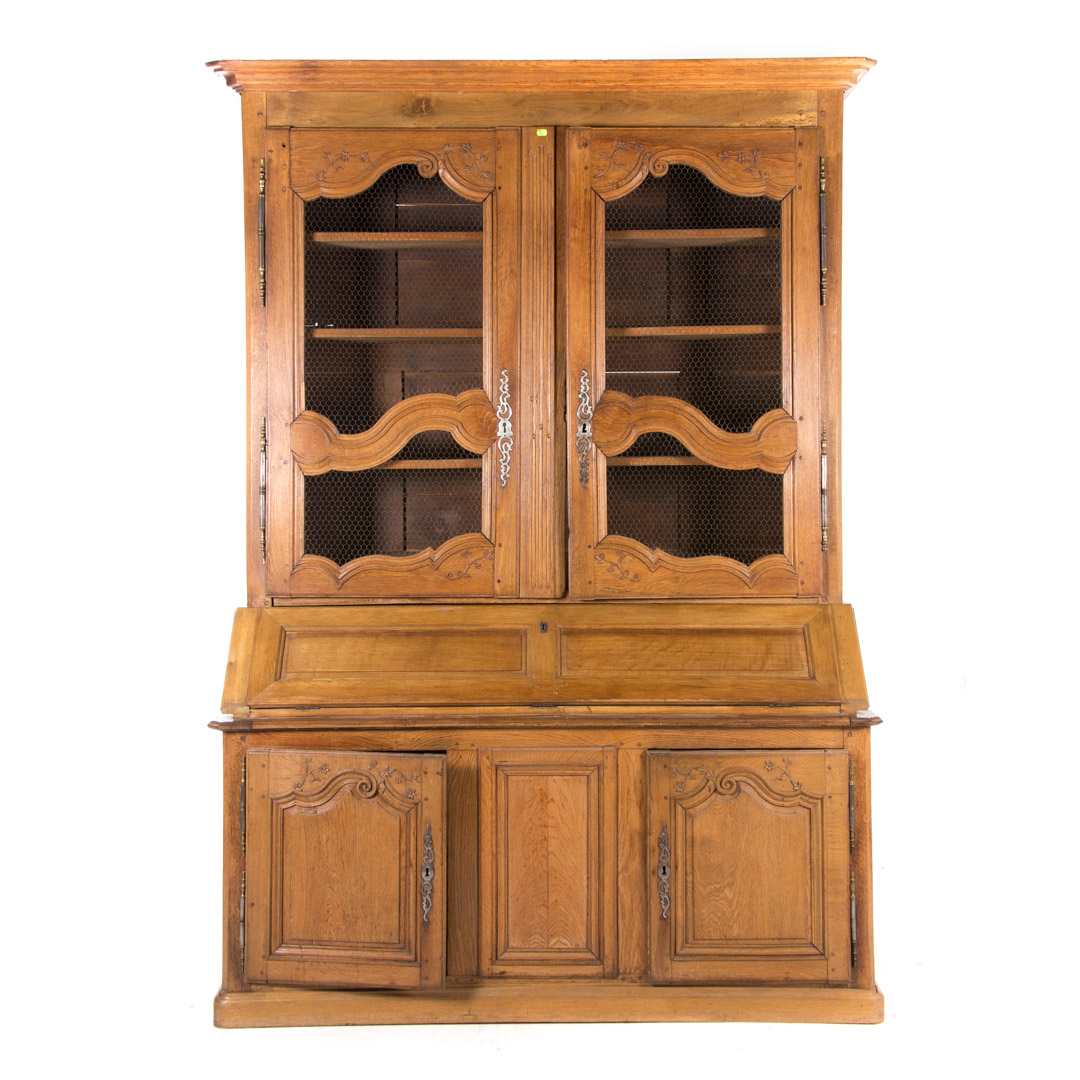 Appraisal: Country French carved oak secretary bookcase flat molded cornice compartment