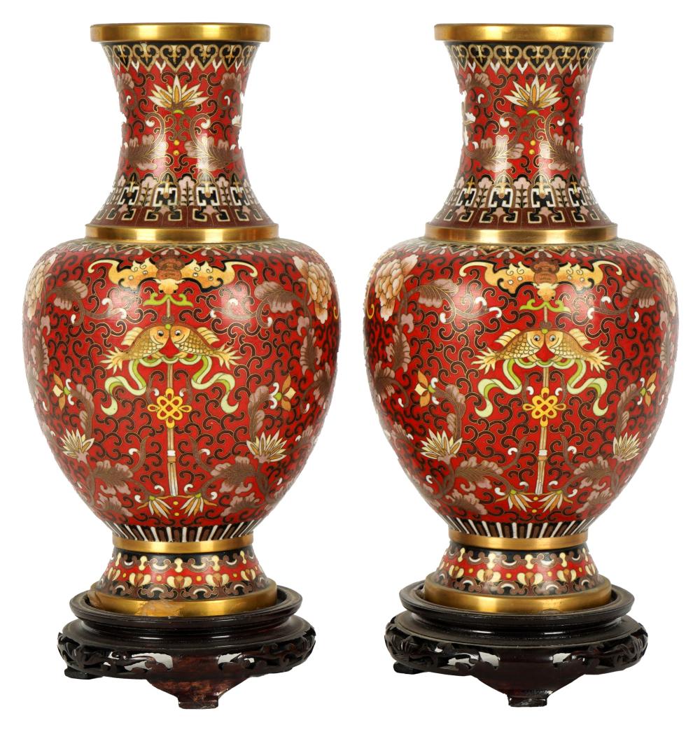 Appraisal: PAIR OF CHINESE CLOISONNE VASES ON STANDS Made in China