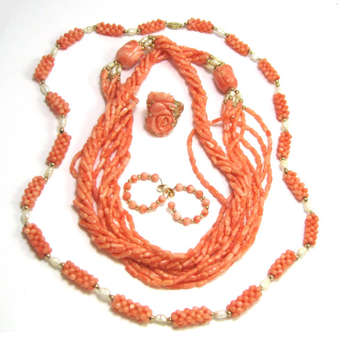 Appraisal: FIVE ARTICLES OF PINK CORAL JEWELRY including a k gold