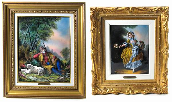 Appraisal: A group of six Limoges enamel plaques signed R Restoueix