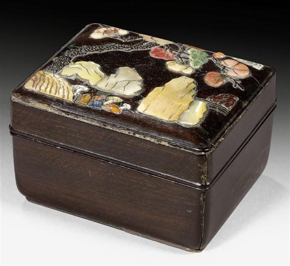 Appraisal: A RECTANGULAR ZITAN BOX WITH HARDSTONE AND MOTHER OF PEARL