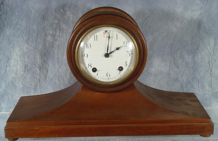 Appraisal: New Haven mahogany tambour clock porcelain dial k p working