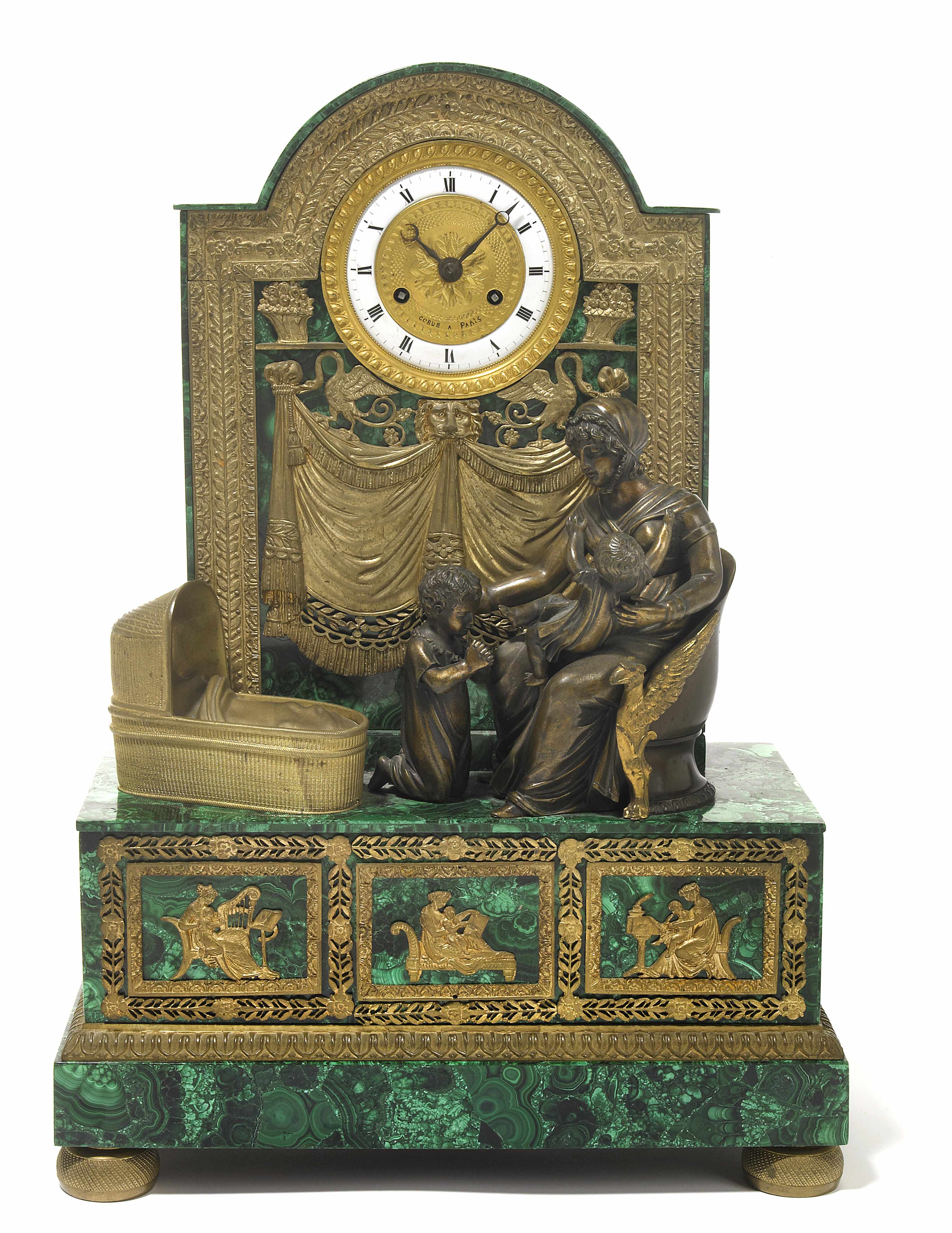 Appraisal: A French later malachite veneered gilt bronze mantel clock th