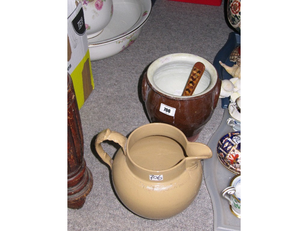 Appraisal: Lot comprising a stoneware jug claypot and wooden inlaid letter