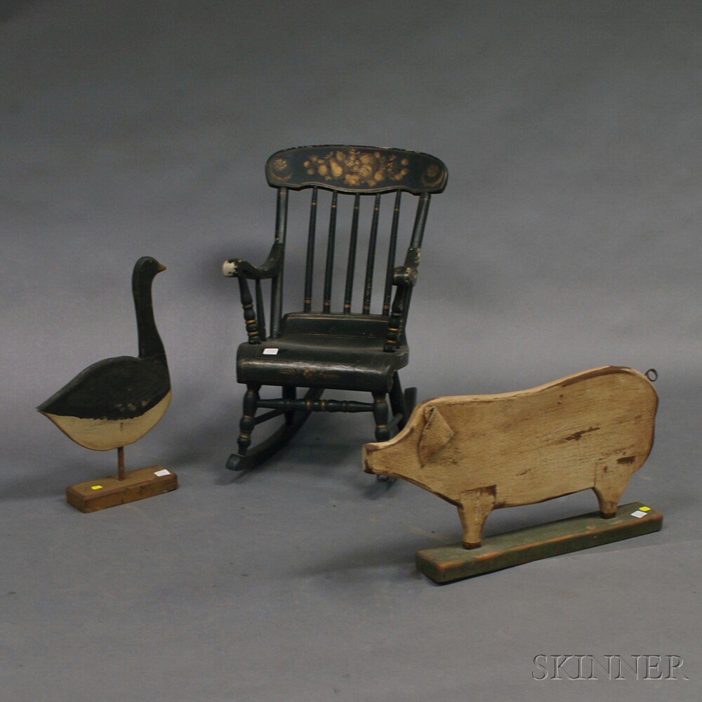 Appraisal: Two Wooden Animals and a Black-painted Child's Armrocker ht to