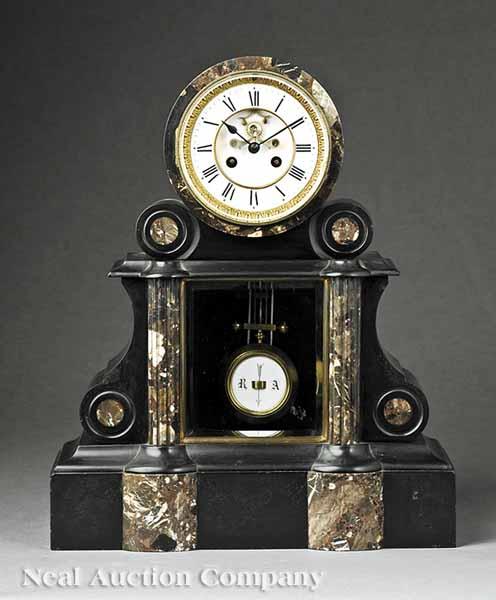 Appraisal: An Antique French Inlaid Marble Mantel Clock th c porcelain