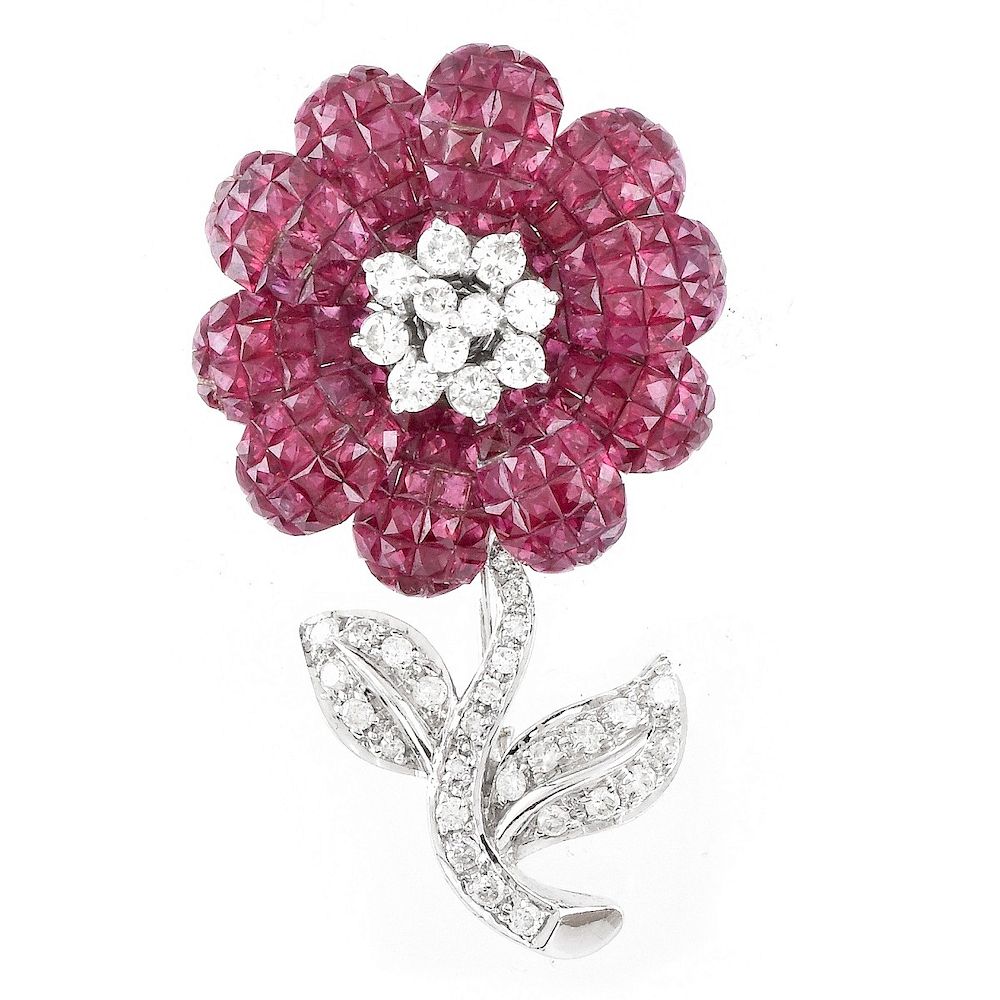 Appraisal: Ruby Diamond and K Gold Flower Brooch Van Cleef Arpels