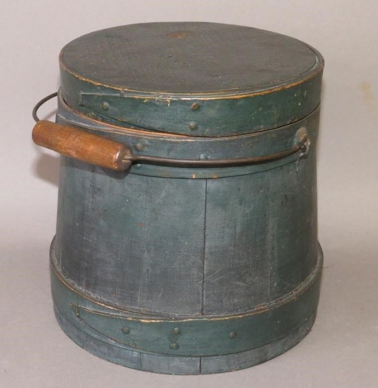 Appraisal: SMALL GREEN PAINTED SALT BUCKET FIRKIN OF MARY LATca -